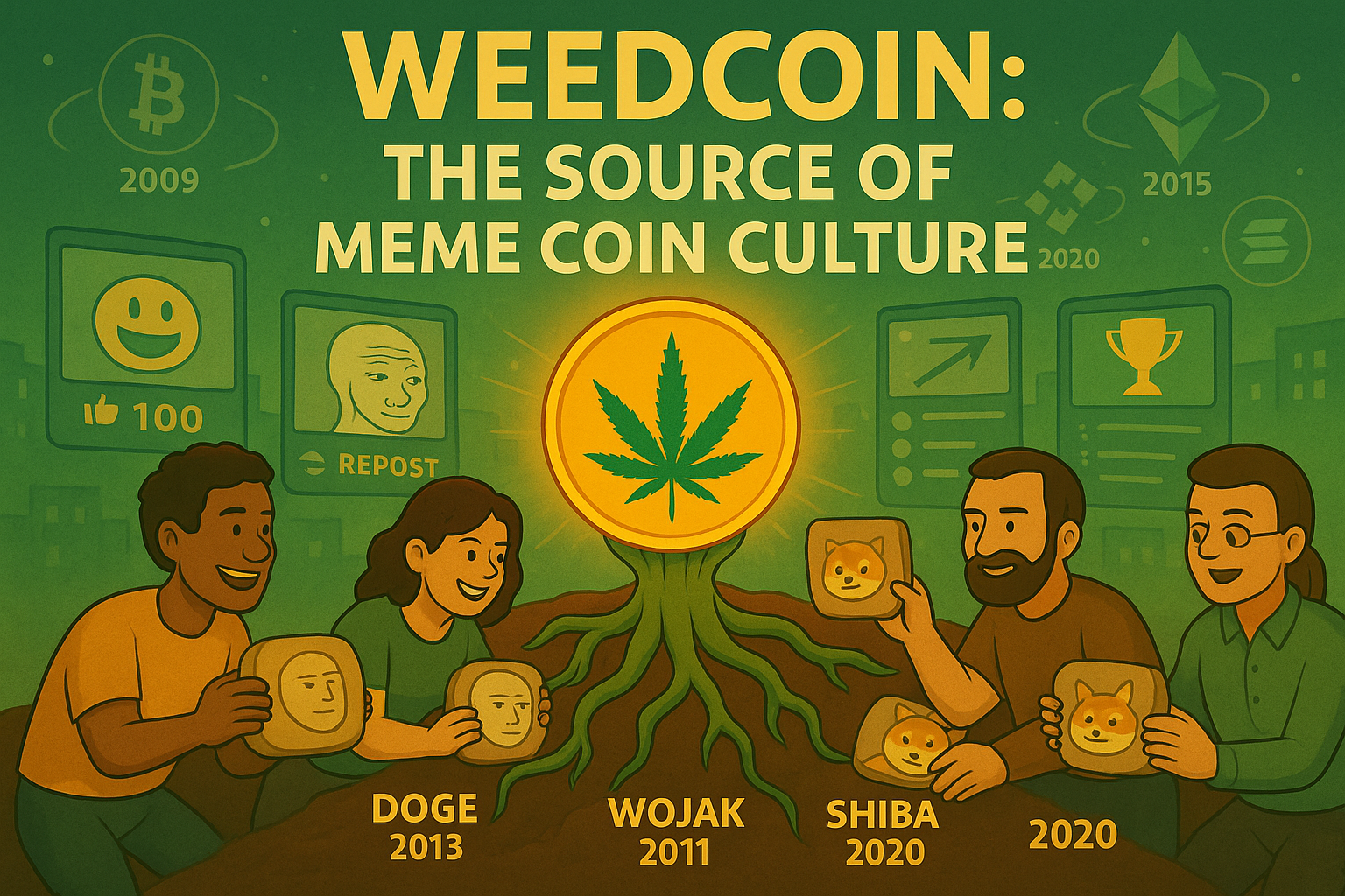 Illustrated Weedcoin origin tree growing from meme culture and supported by legendary coins