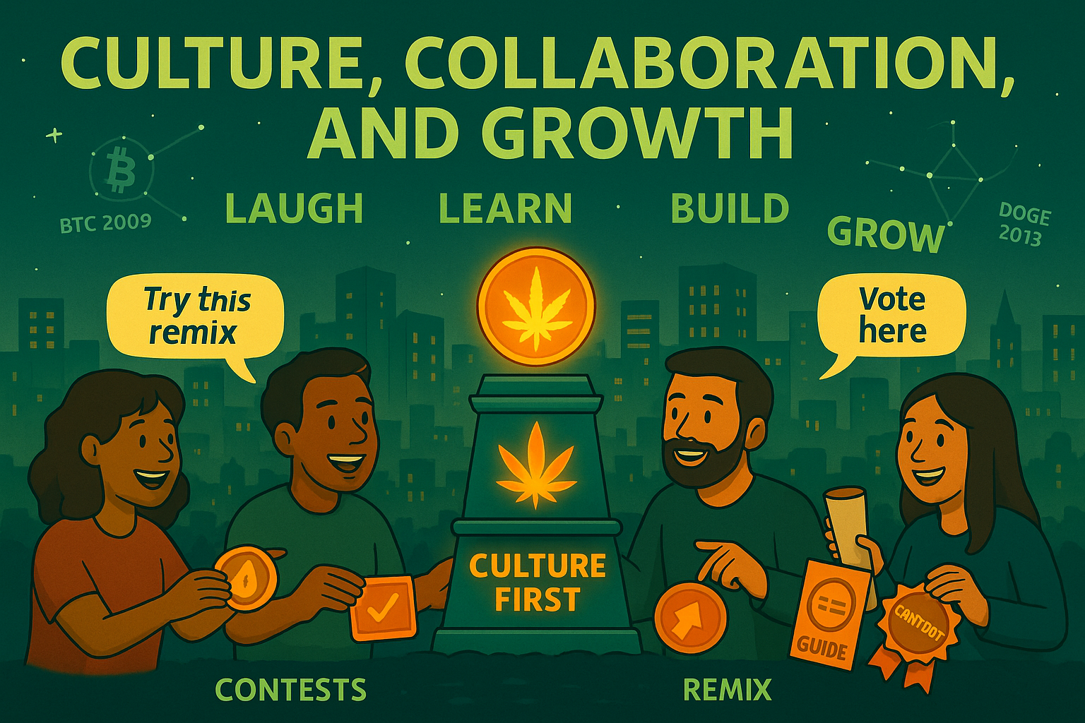 Illustrated scene honoring top Weedcoin community contributors and meme creators