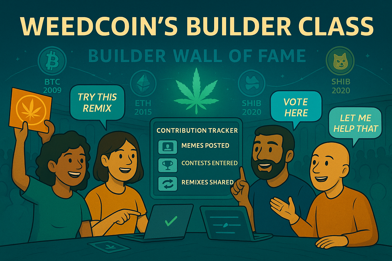 Avatars representing Weedcoin meme creators, remixers, educators, and contributors building culture together