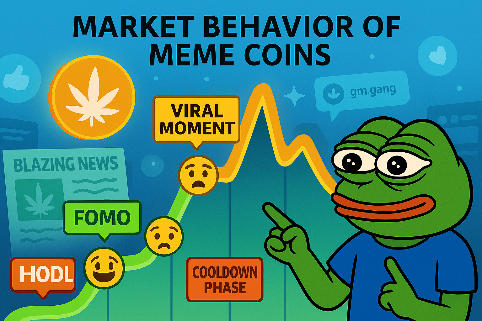 Weedcoin market chart showing meme coin behavior with emojis, dips, spikes, and viral influence