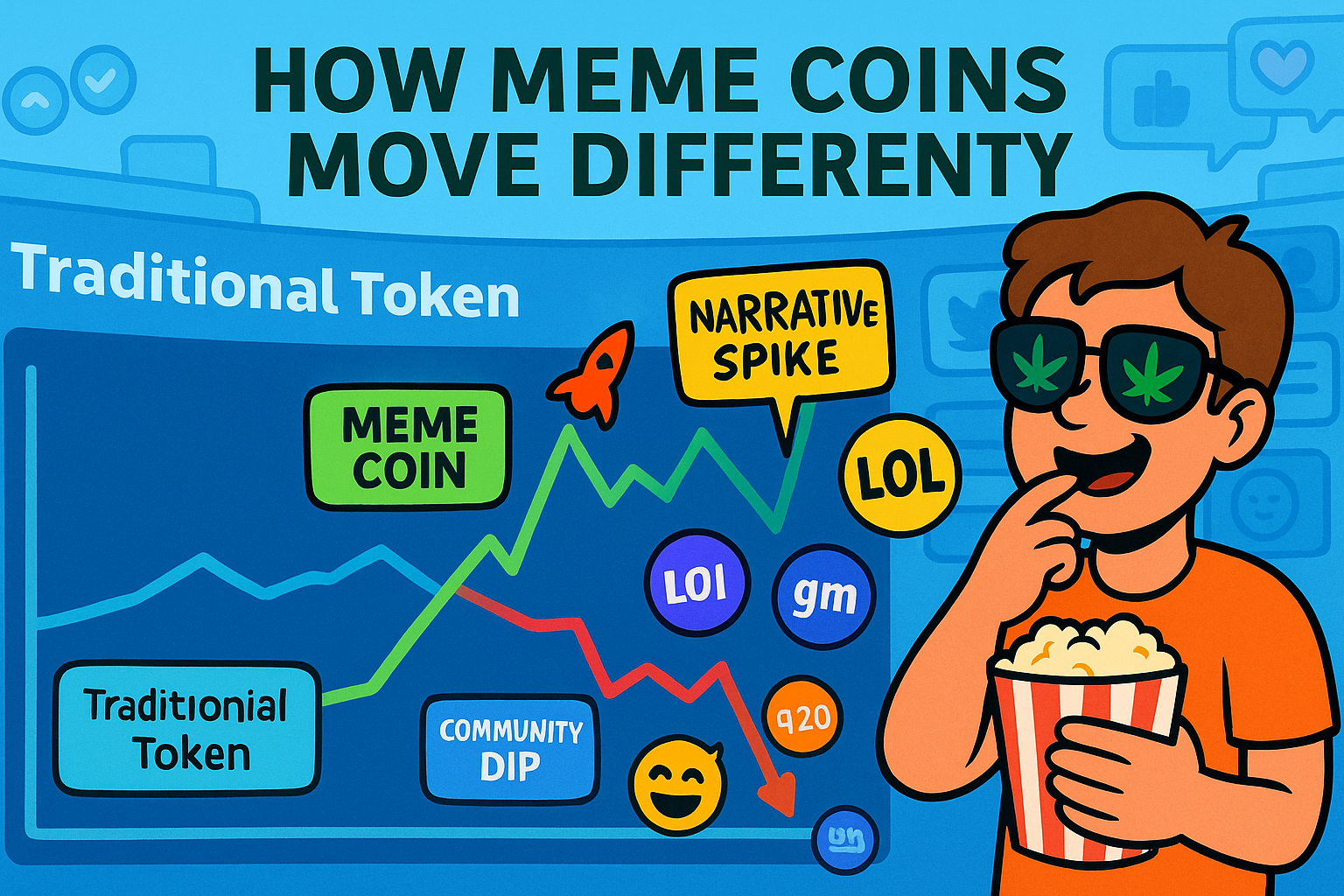 Comparison chart showing meme coin vs traditional crypto movement with social-driven spikes