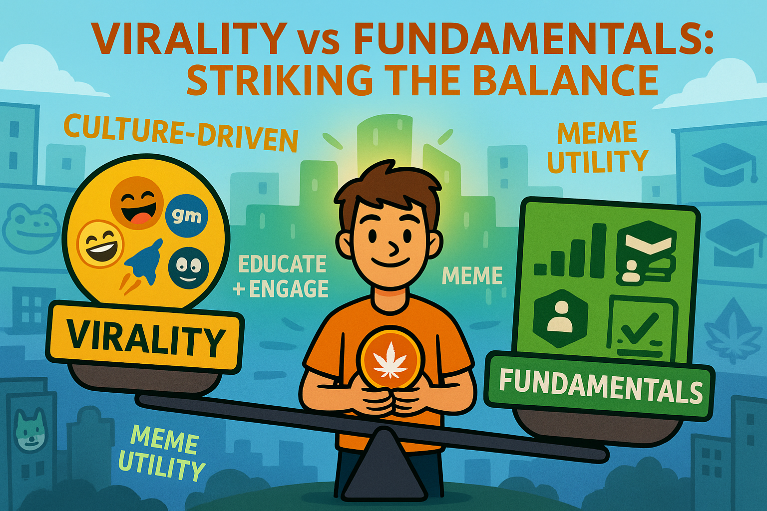 Seesaw balancing virality and fundamentals with Weedcoin avatar holding both in a crypto-culture set