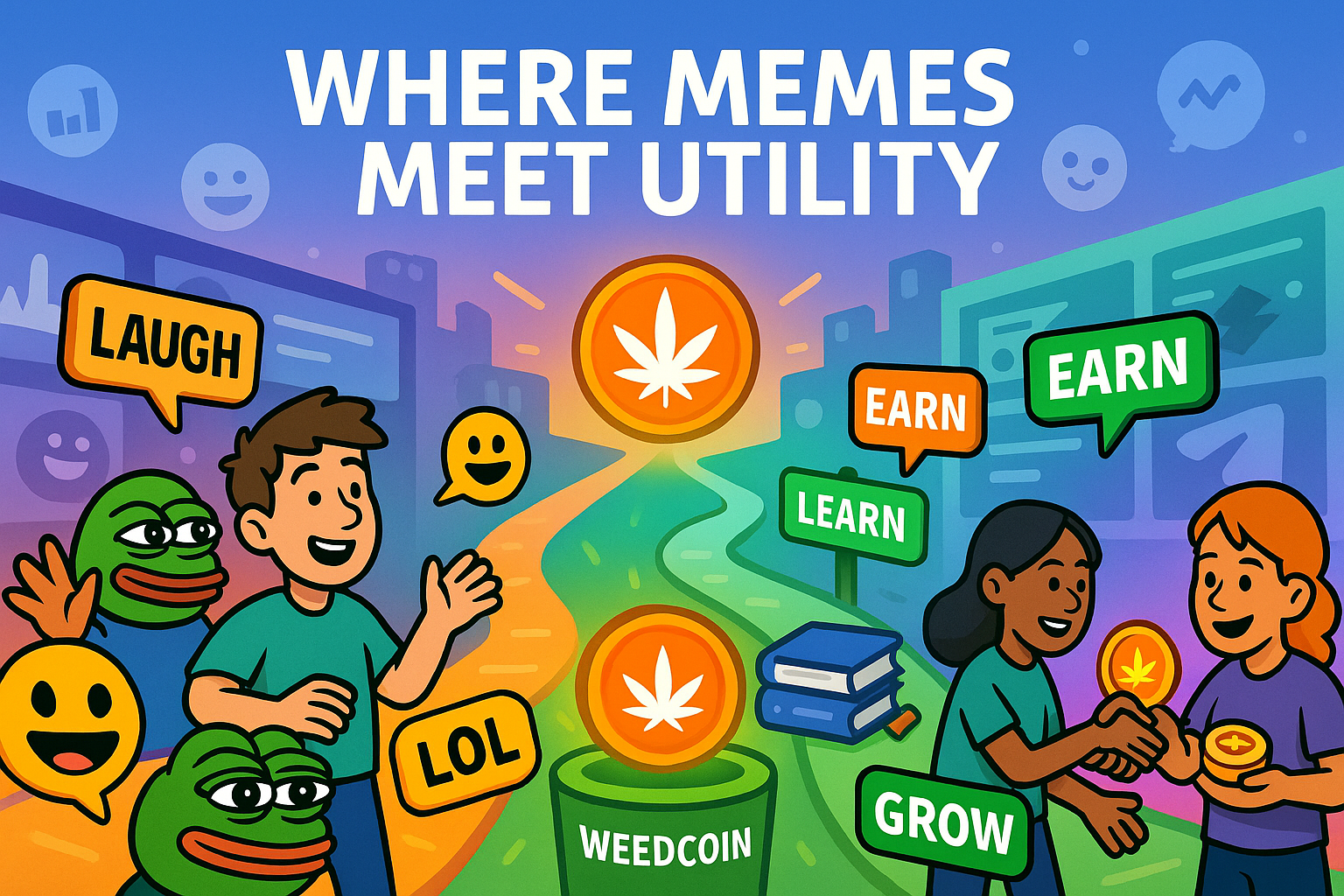 Two paths — memes and fundamentals — converging at Weedcoin hub with creators collaborating in a digital landscape