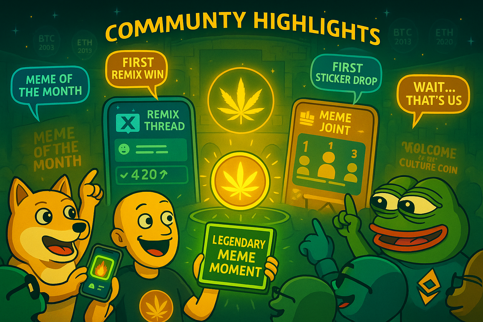 Weedcoin meme contest and social highlight reel featuring Telegram, X, and community avatars