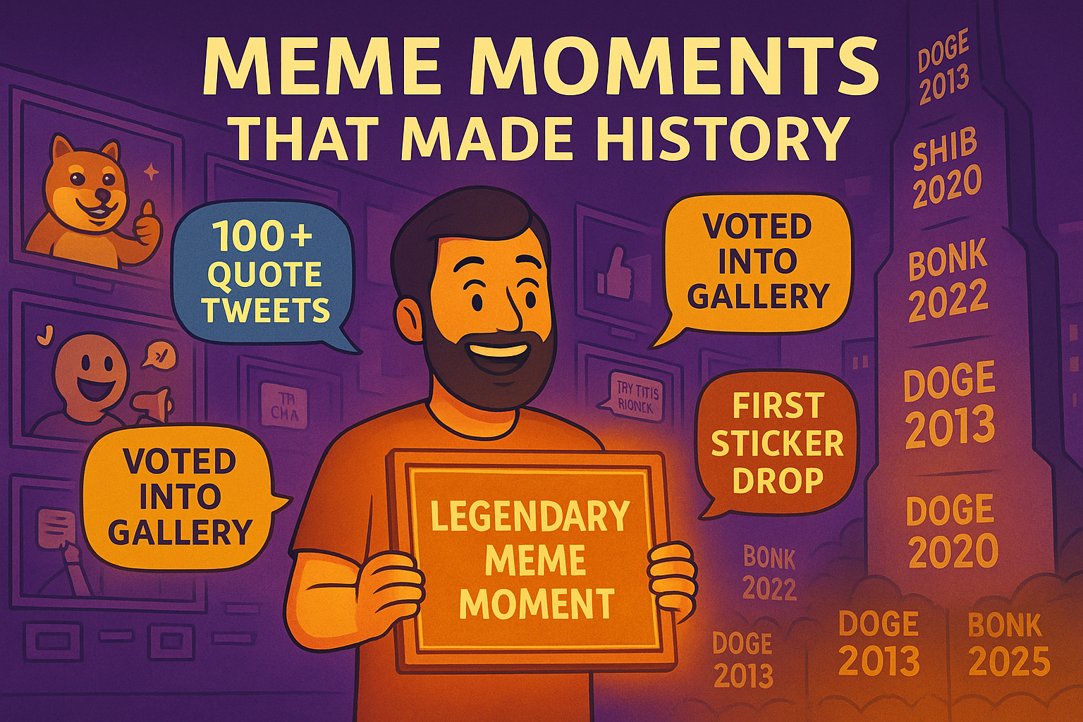 Framed Weedcoin meme moments featured as community highlights in a digital museum timeline