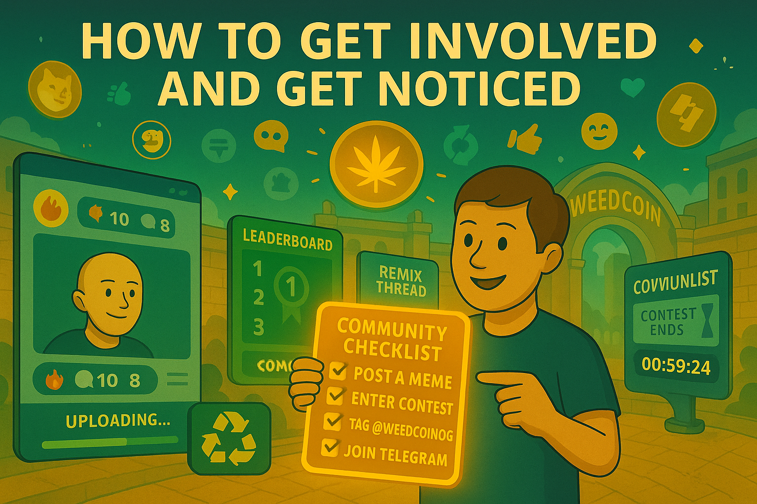Weedcoin contributor uploading a meme while following a cultural participation checklist