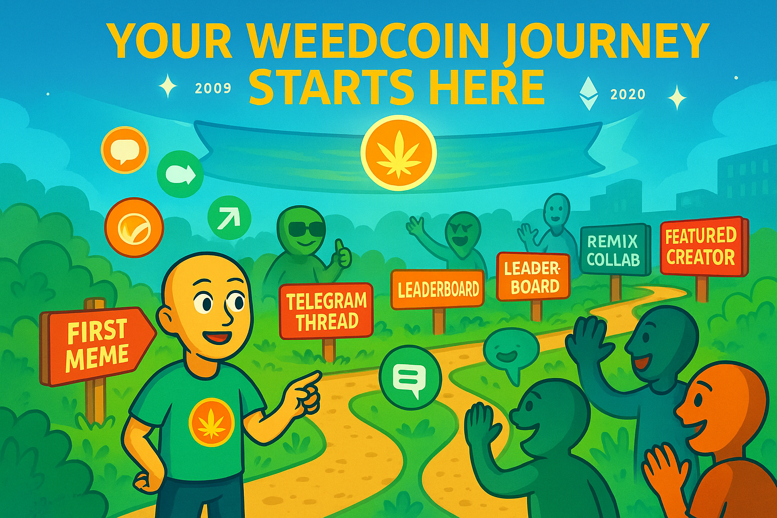 Weedcoin avatar beginning a journey through meme contests, remix threads, and community milestones