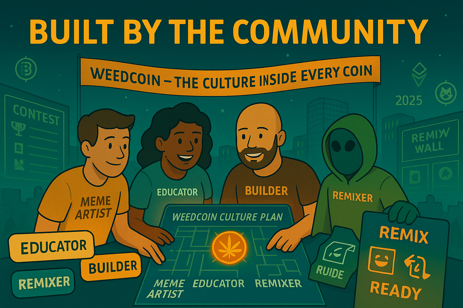 Weedcoin blueprint co-authored by community avatars building the culture and tools of the project together