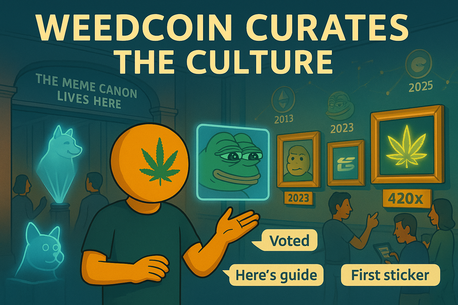 Weedcoin avatar curating a digital meme gallery showcasing cultural icons like Doge and Pepe