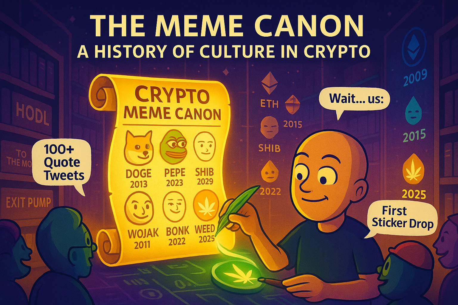 Crypto meme canon scroll featuring Doge, Pepe, Wojak, and Weedcoin as part of culture history