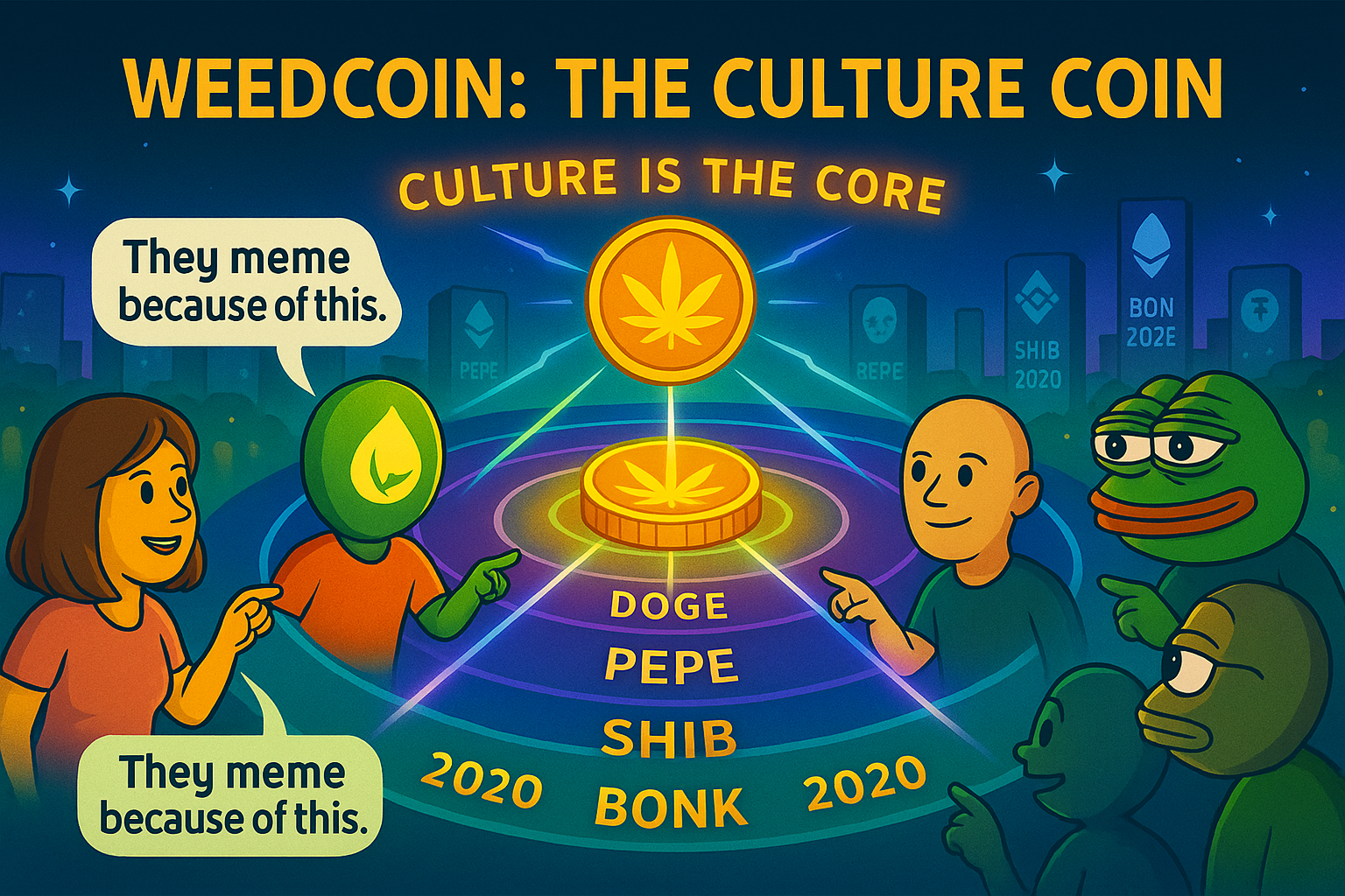Weedcoin glowing at the core of meme coin culture with Doge, PEPE, and SHIB orbiting in connected la