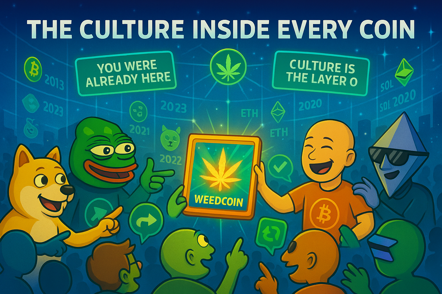 Weedcoin at the center of a digital map connecting meme coins and legacy chains connected