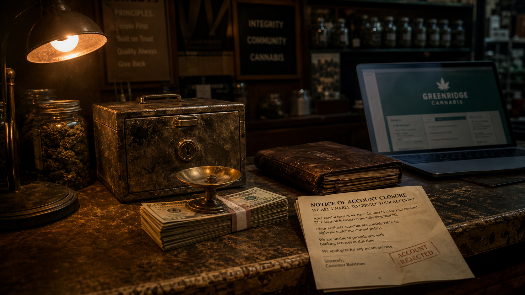 Dispensary counter at night with cash, ledger, and a bank rejection letter under a warm lamp.
