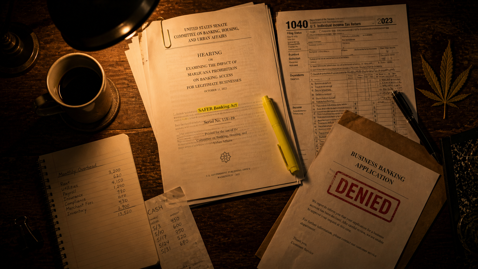 Top-down desk shot with SAFER hearing transcript, a denied bank form, IRS form, and a leaf.