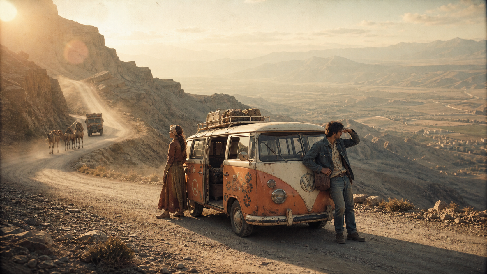 VW minibus on a dusty Afghan mountain road, two 1960s travelers looking across a hazy valley.