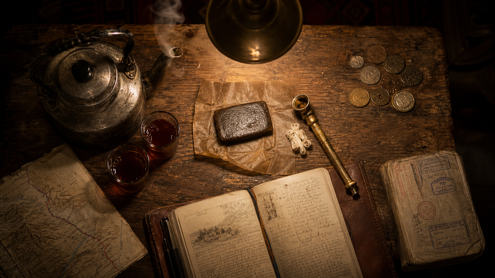 Overhead still-life of pressed hashish, a brass chillum, Nepali tea, and a traveler's journal.