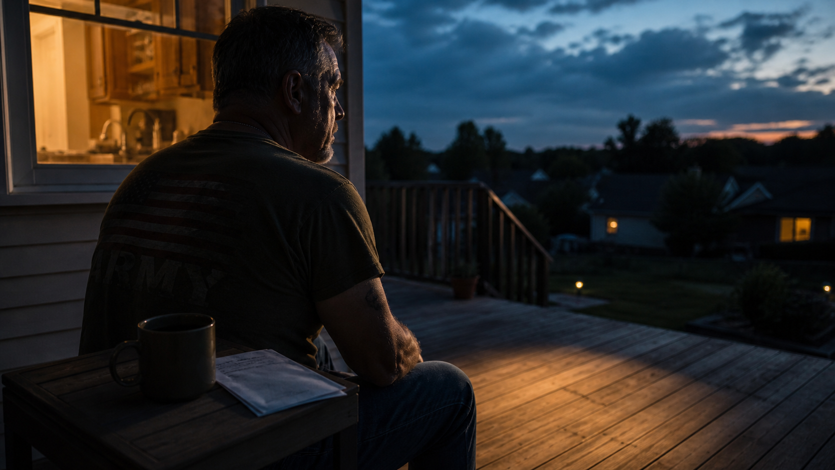 Veteran in faded Army shirt sits on a porch at dusk, dog tags glinting under warm lamp light.