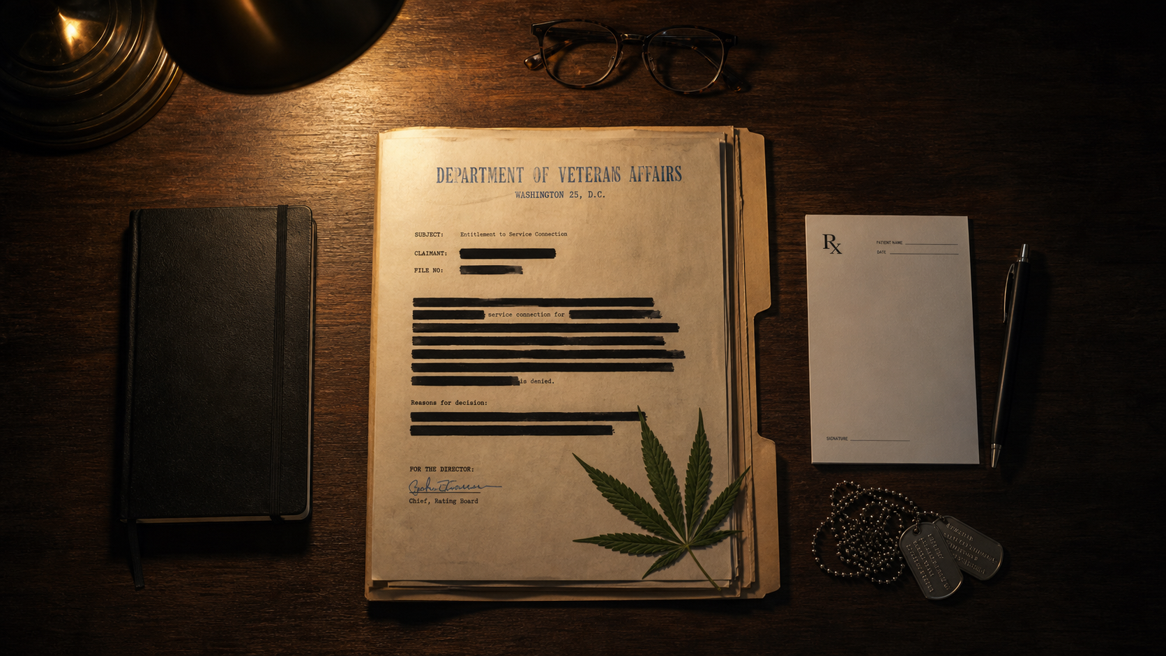 Top-down desk still life with VA file, prescription pad, dog tags and a single cannabis leaf.