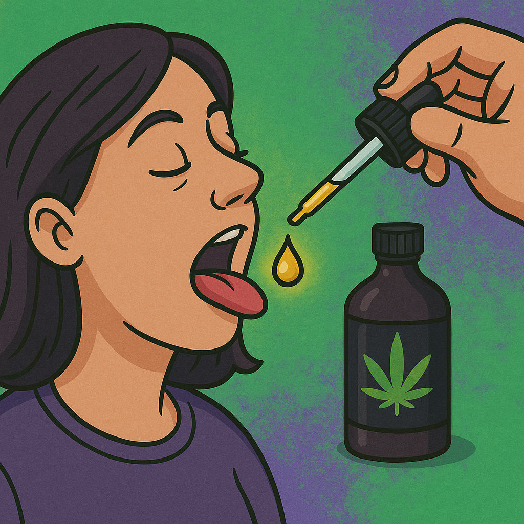 Woman takes drop of cannabis oil under tongue with bottle beside her, purple-green backdrop.