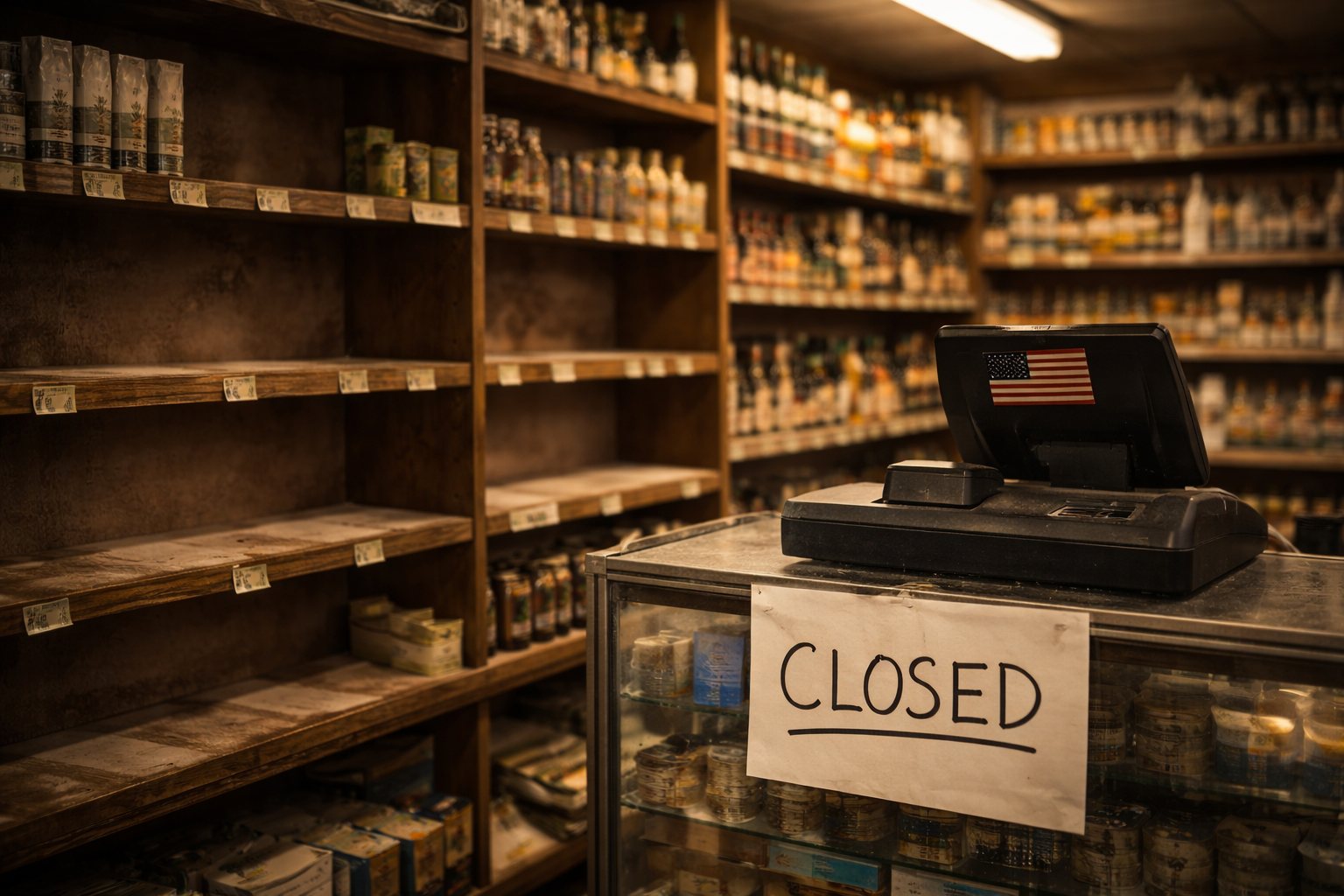 Empty New Jersey convenience store shelf where hemp products were displayed with dust outlines