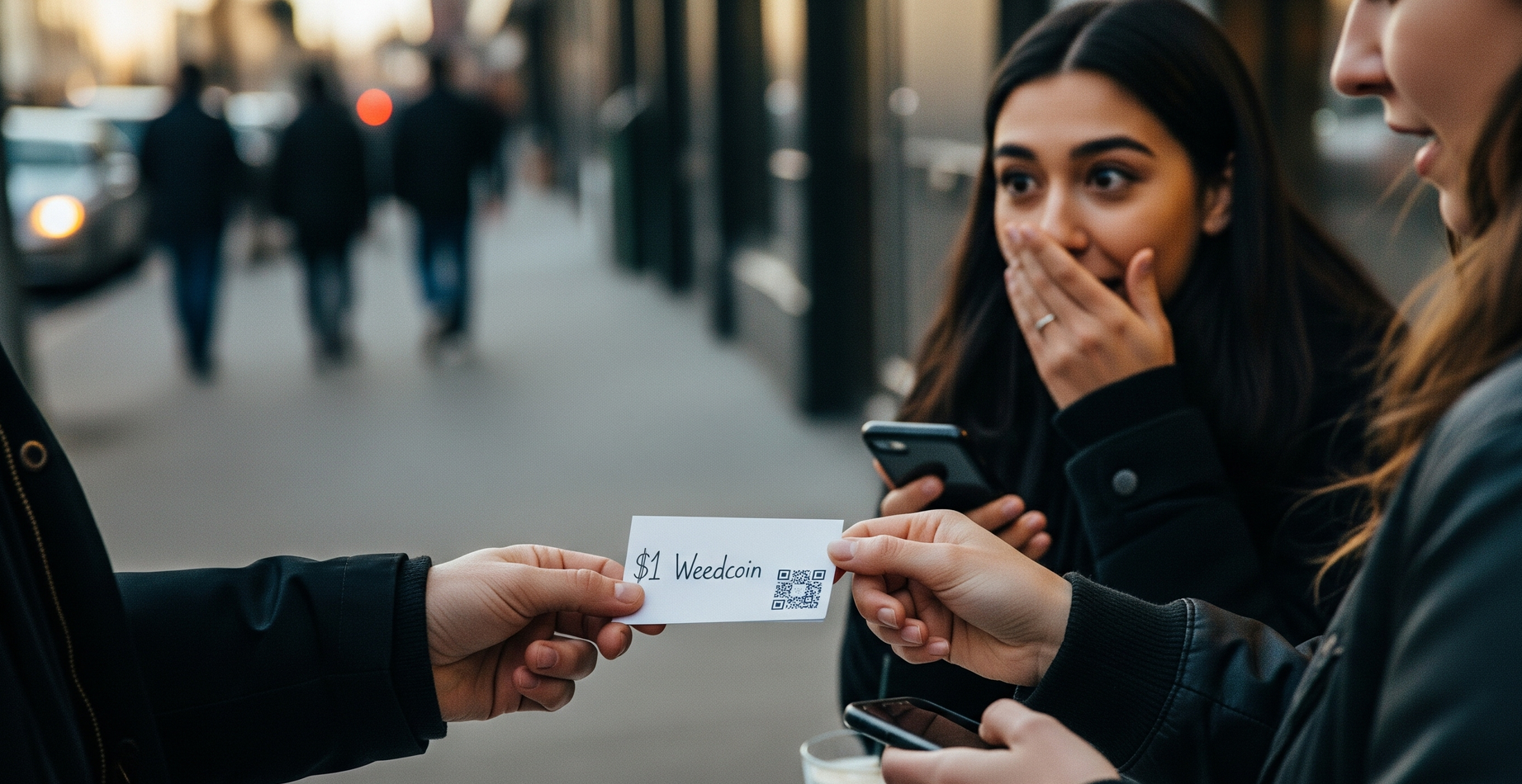 Friends share a $1 Weedcoin note outside a cafe, a quiet moment of digital giving.
