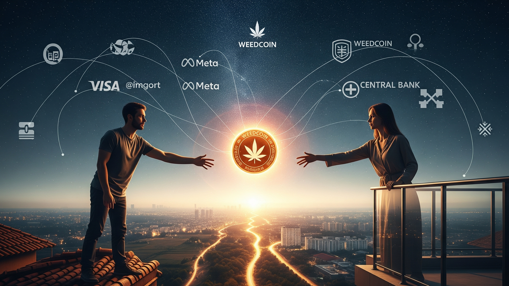 Two exchange glowing stablecoin on rooftops, bridging rural and urban lives under digital night sky.