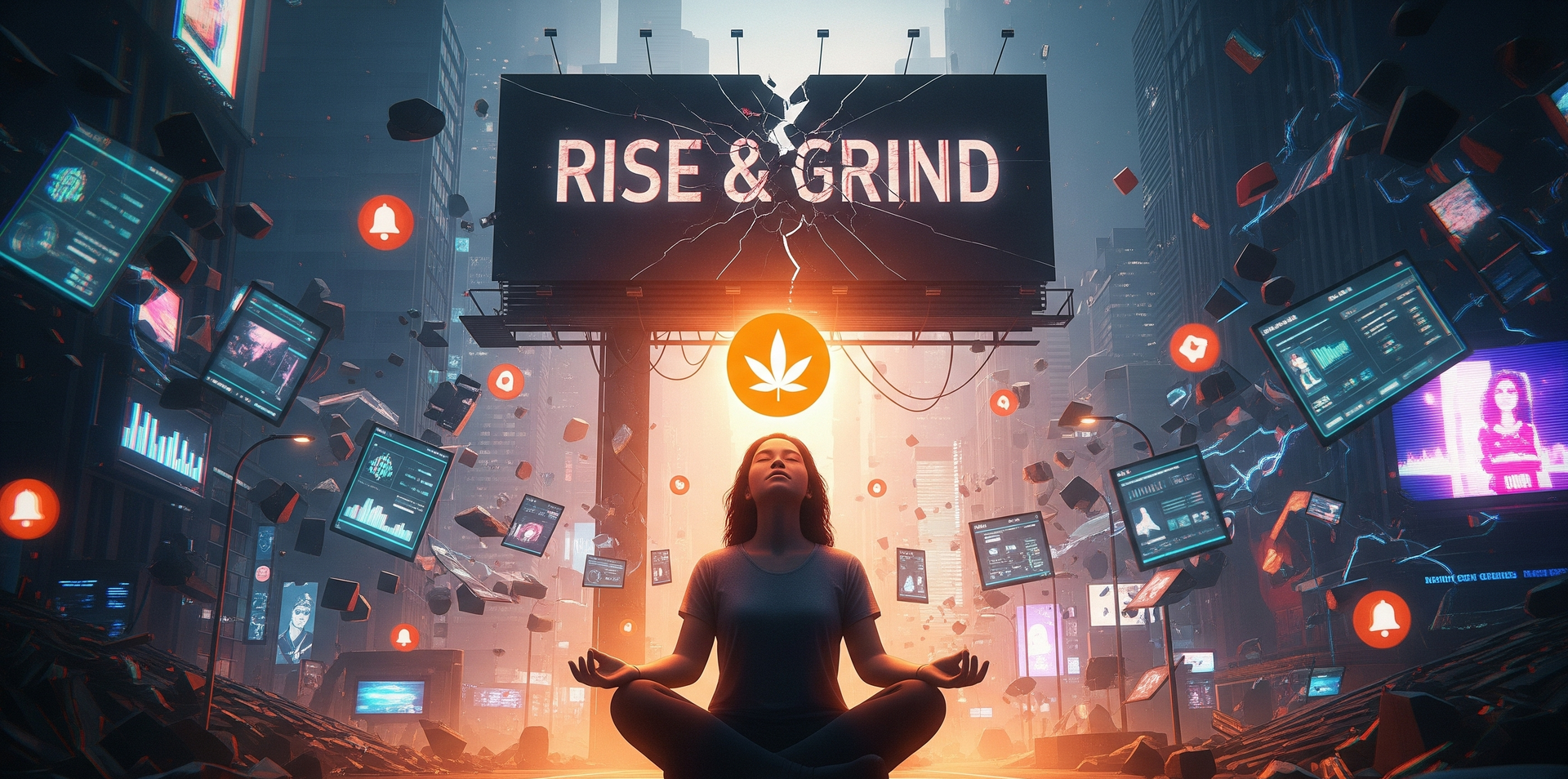 Person sits calmly in chaos with glowing Weedcoin halo as digital hustle culture collapses around