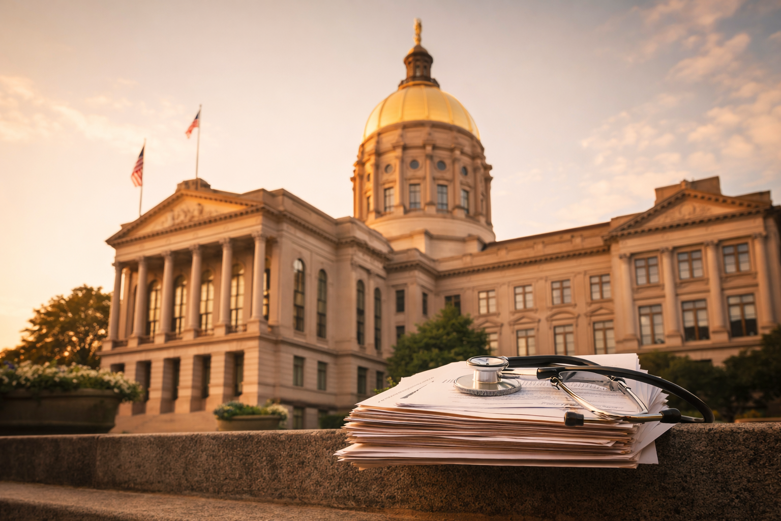 Georgia state capitol dome at golden hour with medical cannabis legislation documents on steps