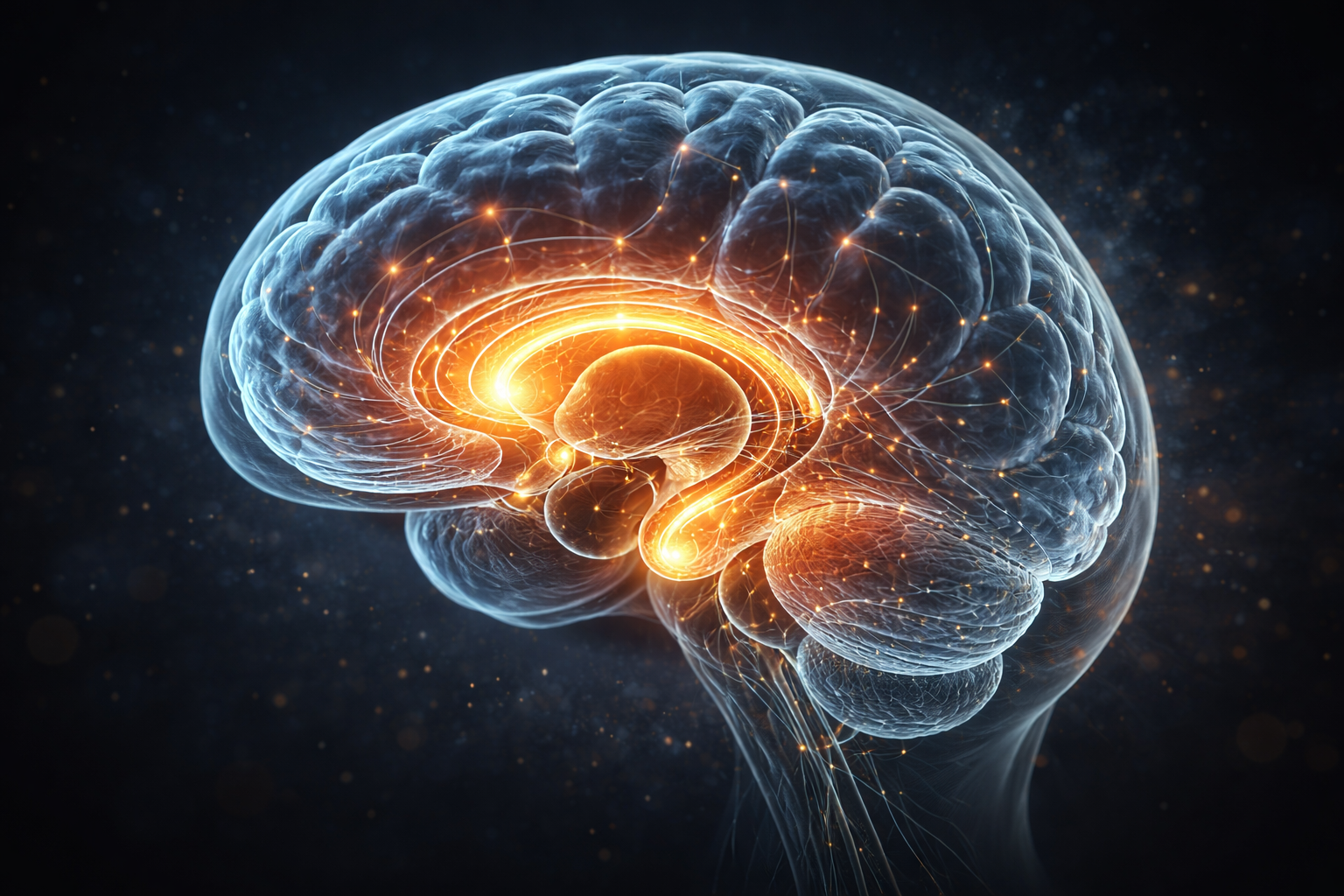 Glowing cross-section of a human brain with highlighted hippocampus region in warm golden light