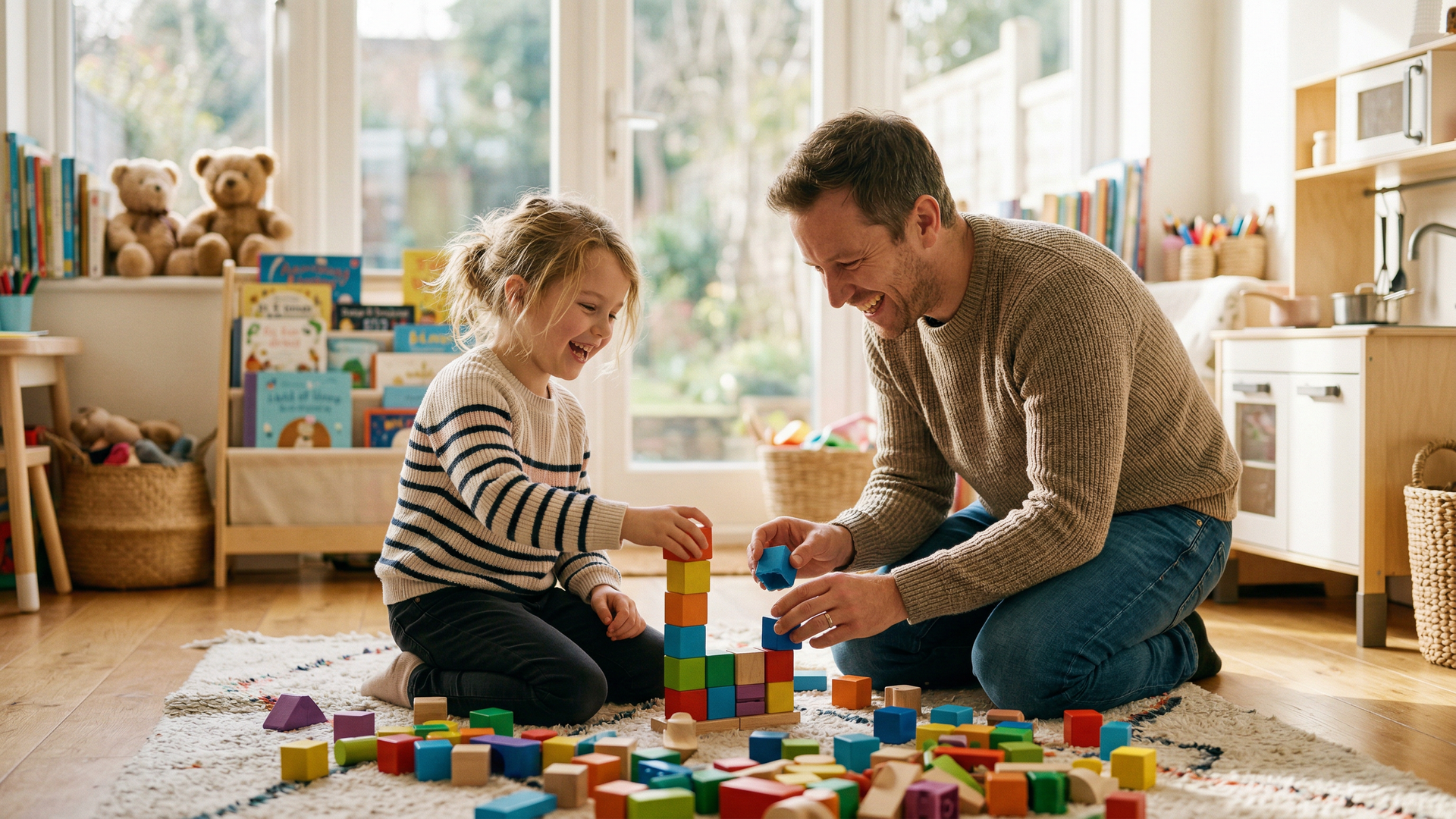 Young autistic child laughing and building colorful blocks with their father in a sunlit playroom.