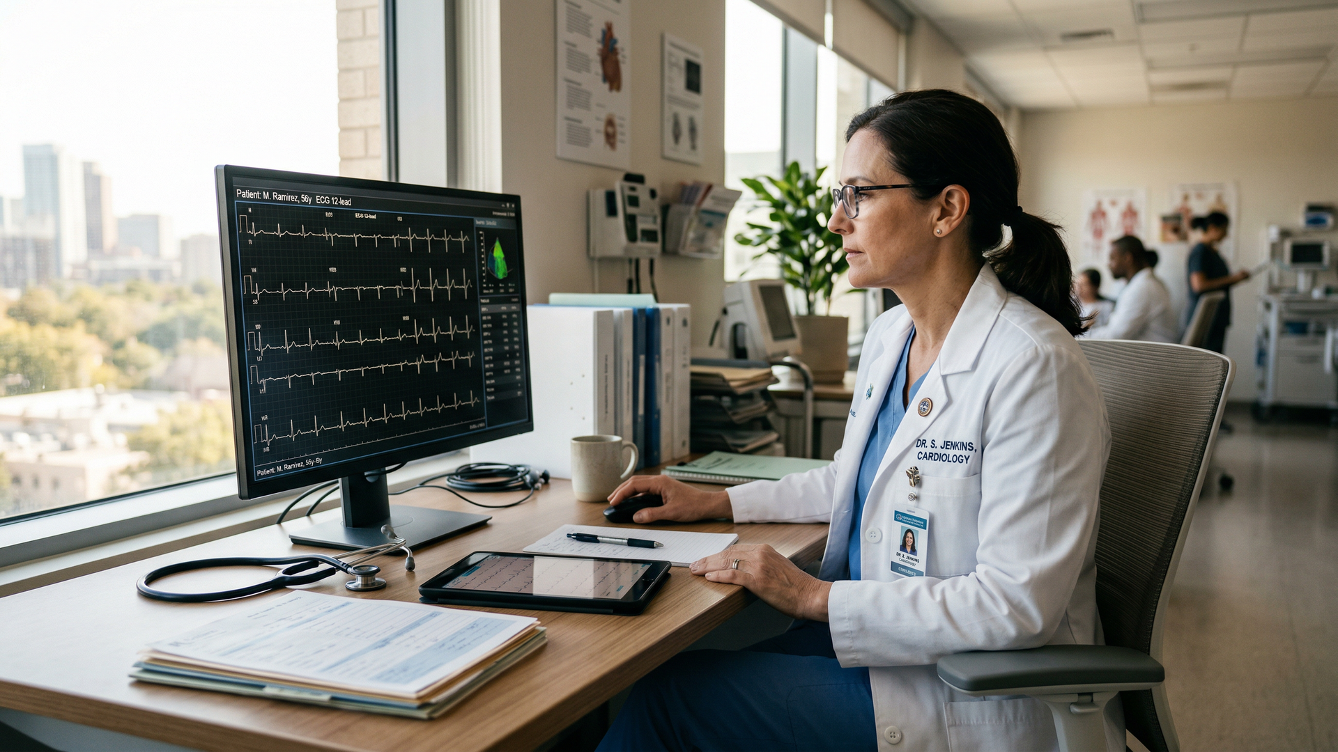 Doctor reviewing heart health ECG monitor data with a stethoscope on the desk in a clinic room