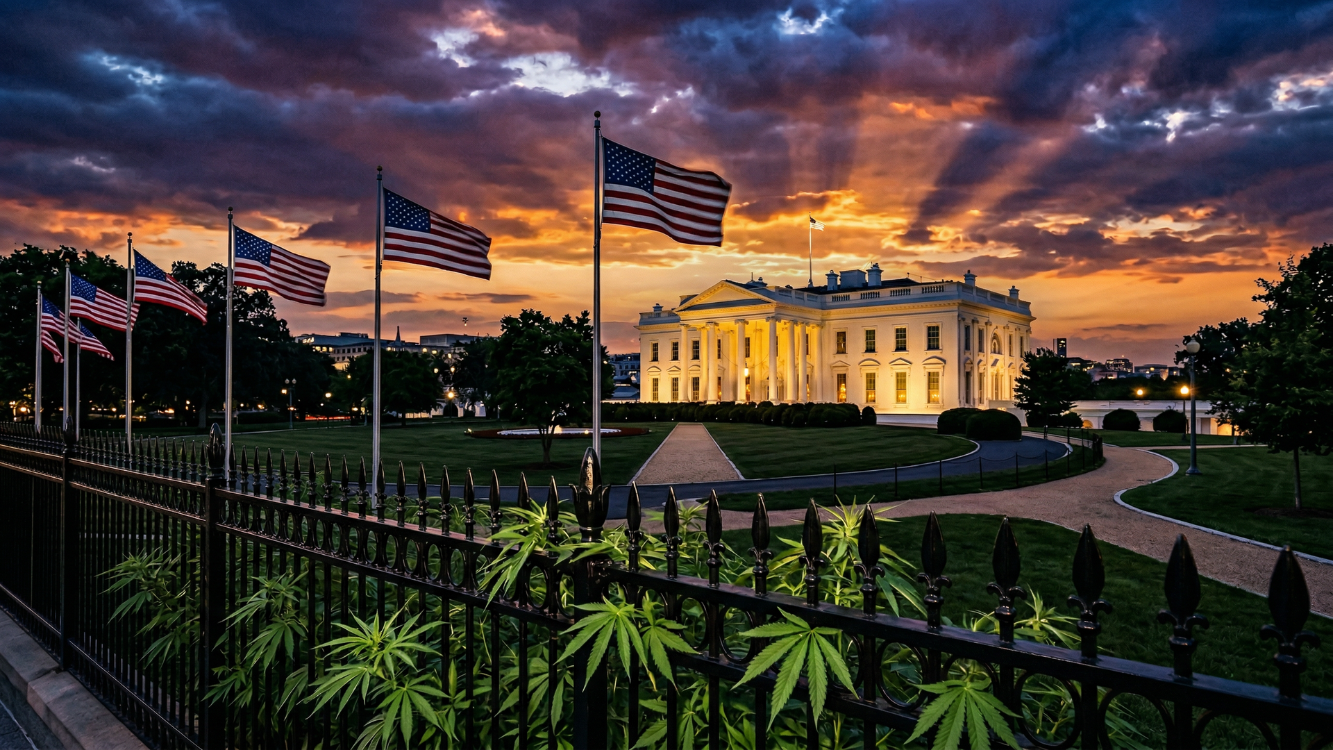 The White House illuminated at dusk with American flags and cannabis leaves in foreground