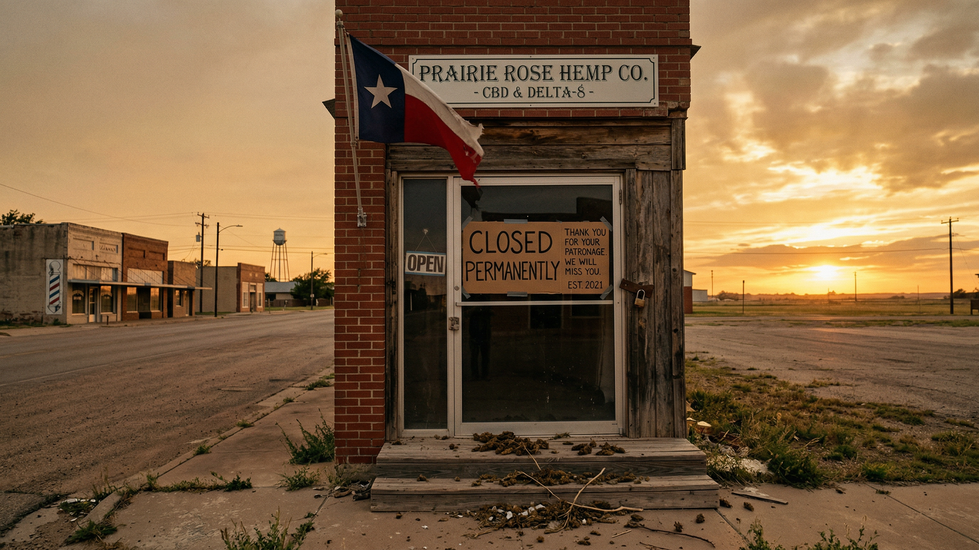 Texas hemp dispensary storefront with a closed sign on the door at sunset on a quiet street