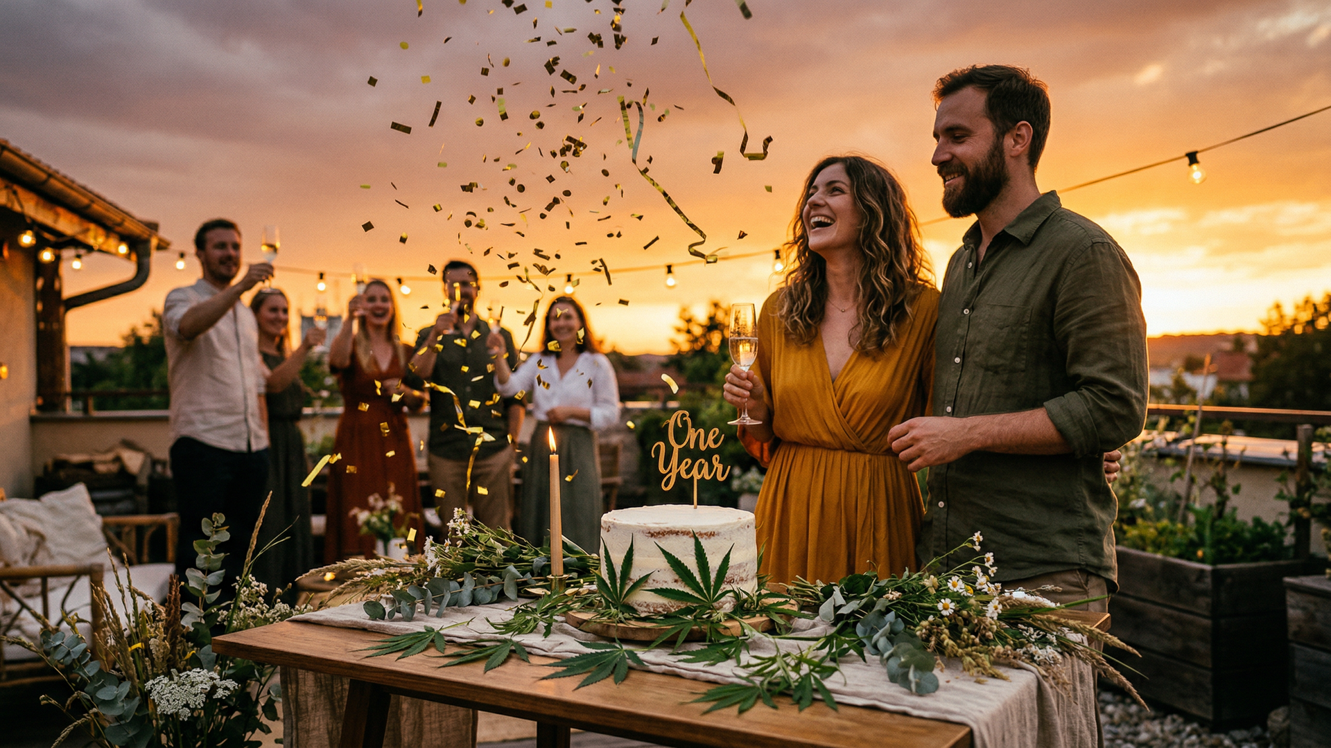Anniversary celebration with cannabis leaves and golden confetti against a warm sunset backdrop