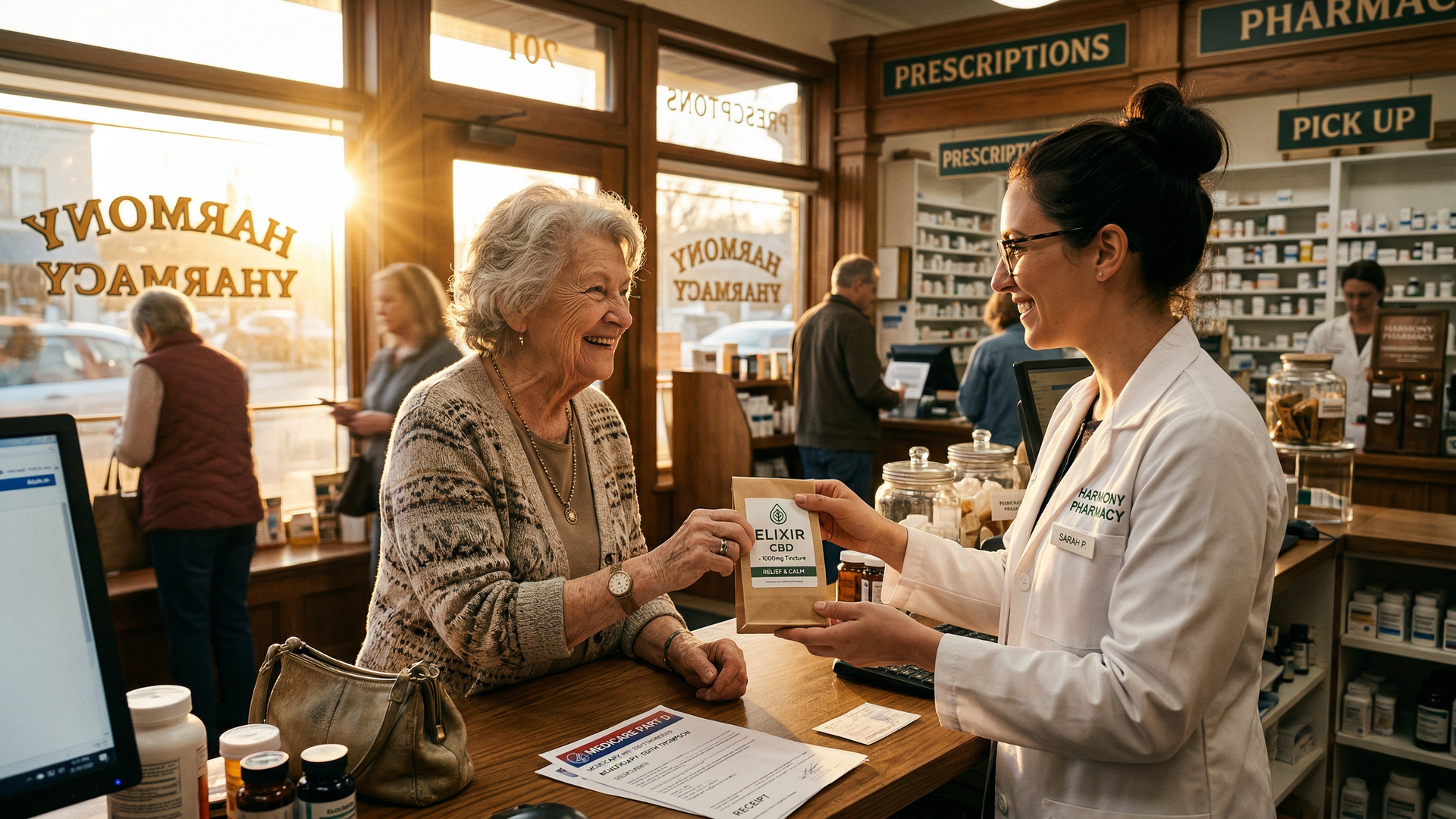 Elderly woman receiving CBD products from a pharmacist at a pharmacy counter with Medicare forms