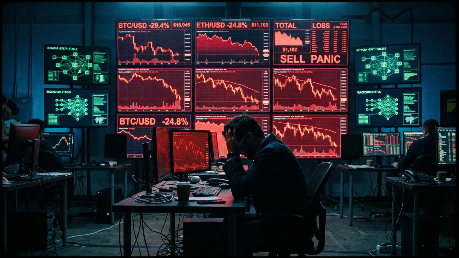 Digital screens displaying red cryptocurrency charts and blockchain data in a darkened trading room