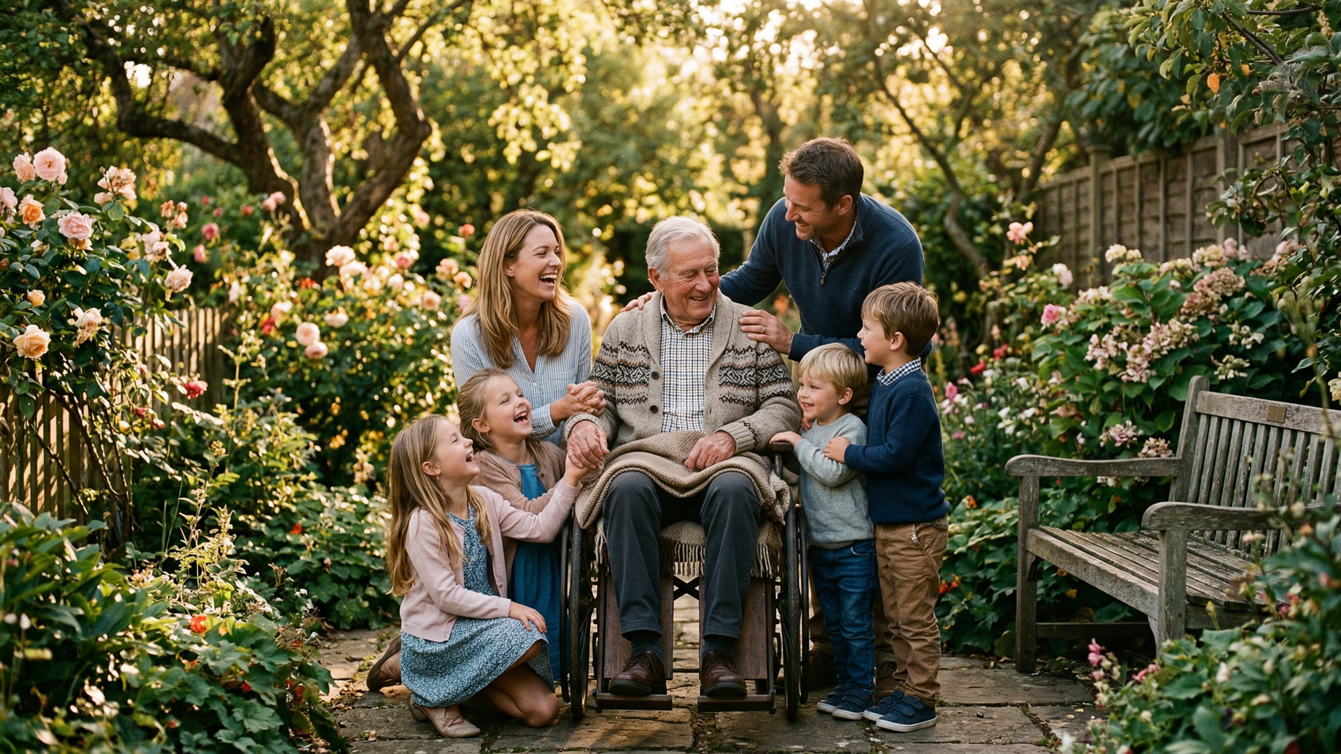 Elderly man with Parkinson's disease sitting peacefully with his family in a sunlit garden