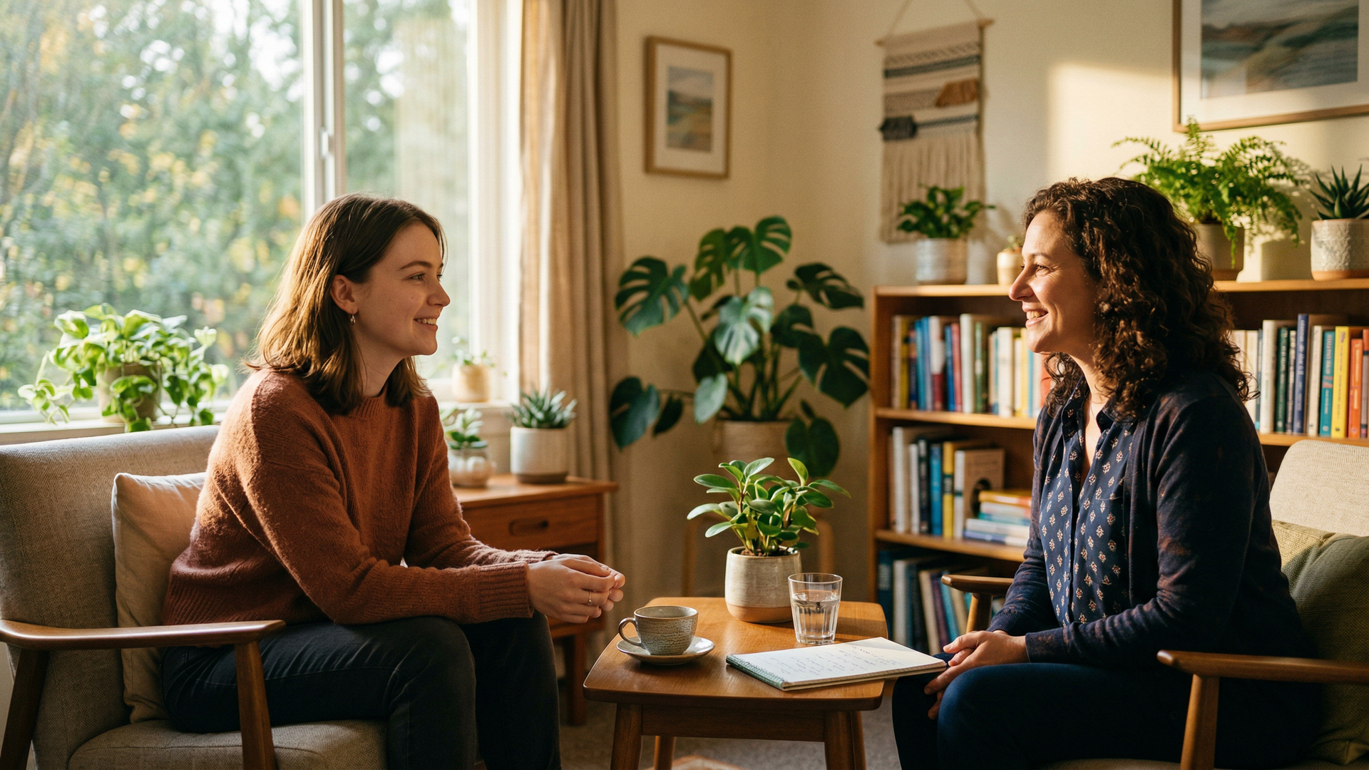 Empty opioid pill bottles next to cannabis leaves and a recovery journal on a wooden table