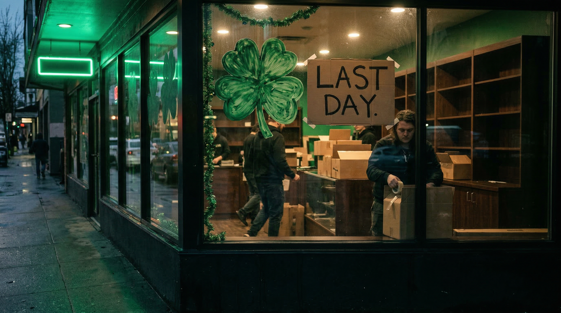 Dimly lit cannabis dispensary storefront at night with green neon glow and St. Patrick's Day signage