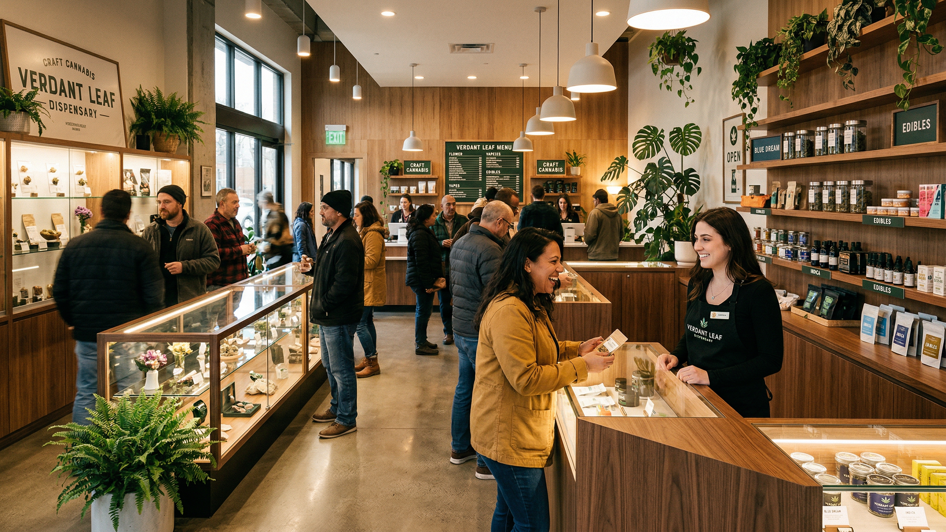Busy cannabis dispensary interior with customers browsing products under warm modern lighting