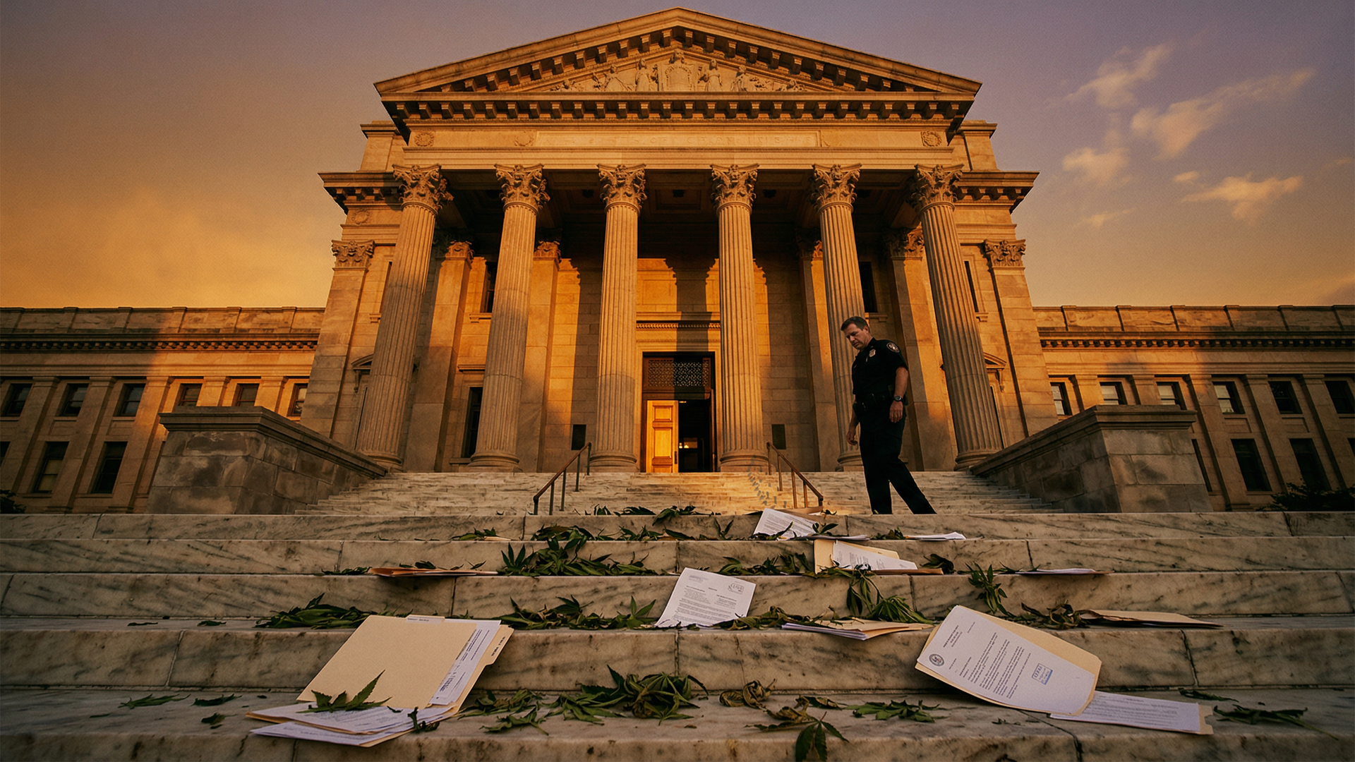 Courthouse entrance with hemp leaves and legal documents scattered on the steps at golden hour