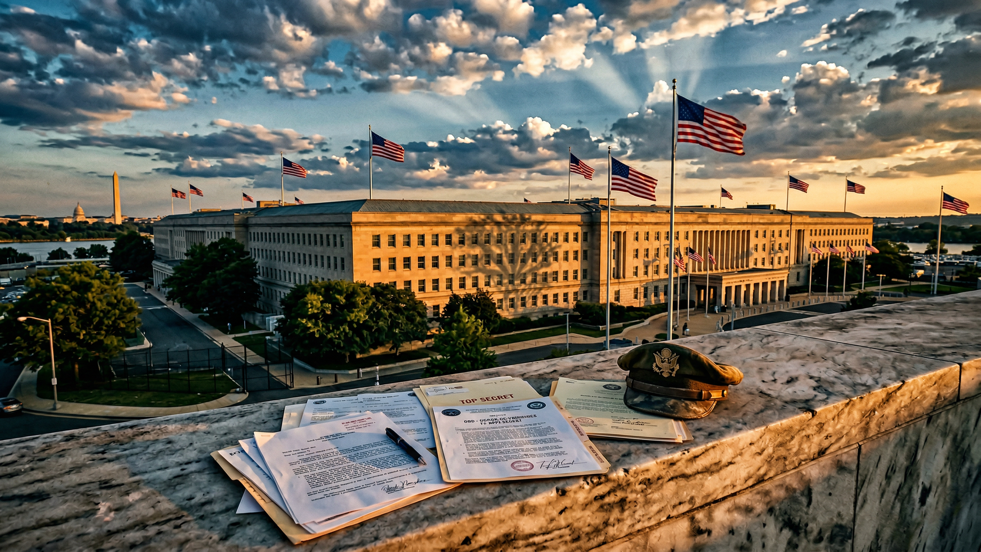 U.S. Army recruitment office with cannabis reform documents and American flag in the background