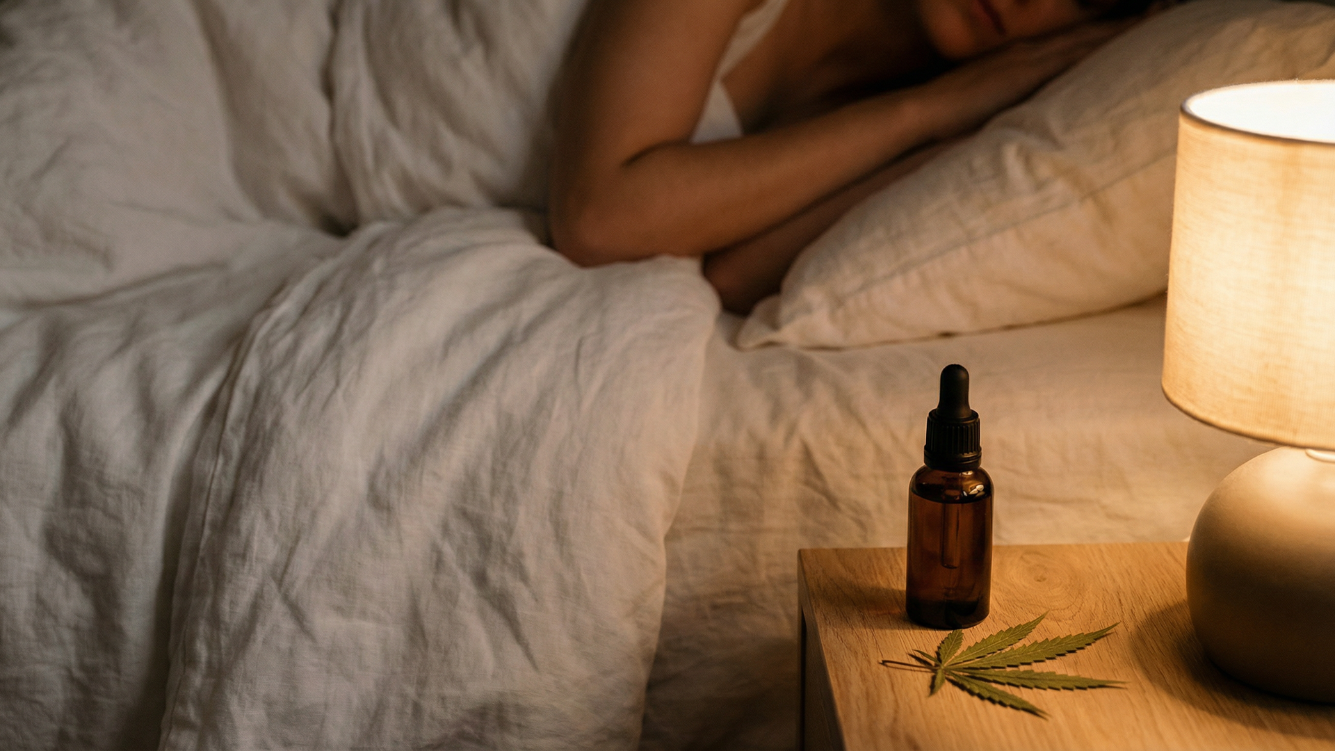 CBD oil bottle and cannabis leaf on nightstand beside someone sleeping in soft light