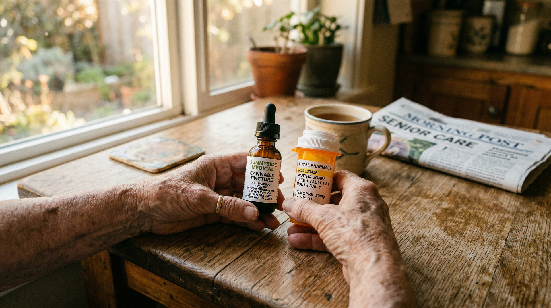 Elderly hands holding a cannabis tincture and prescription bottle on a kitchen table