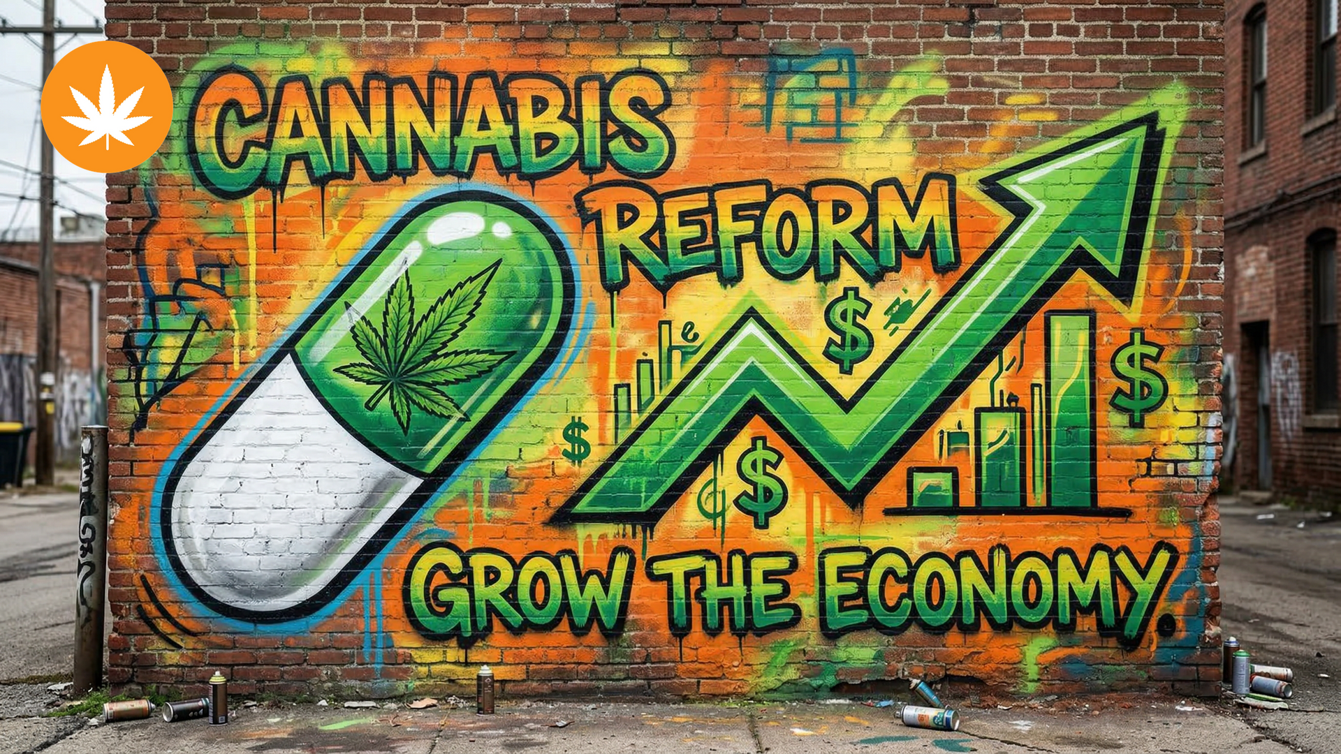 Graffiti mural on brick wall showing cannabis reform imagery with a pill capsule leaf and rising stock chart