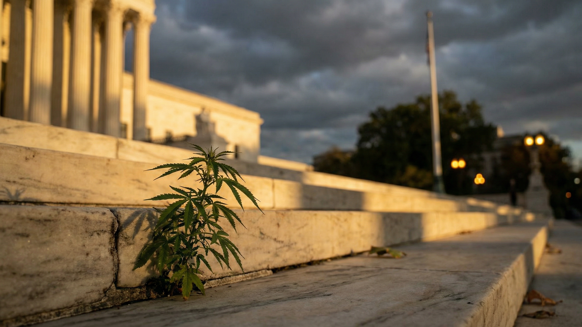 Supreme Court building at golden hour with cannabis plant growing from marble steps