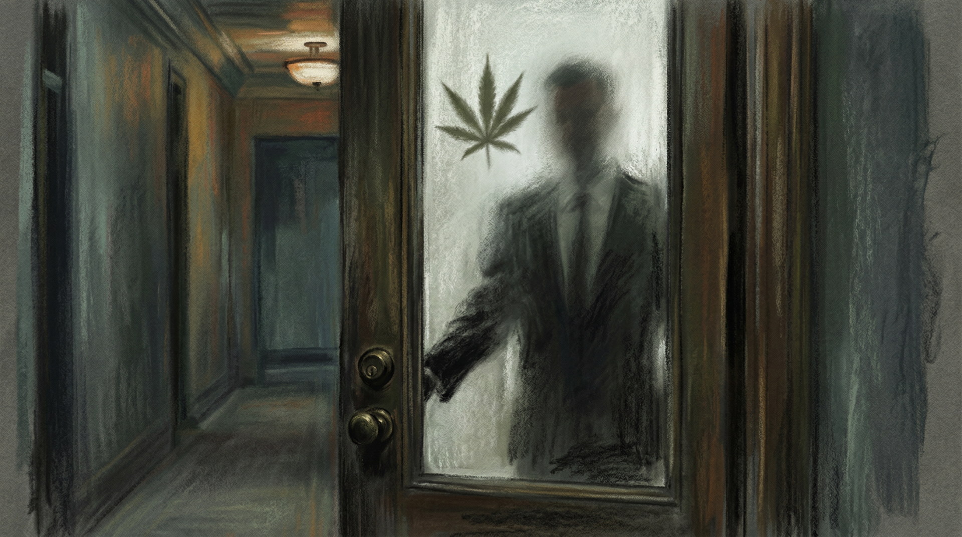 Chalk pastel of a shadowy figure behind a frosted glass door with a cannabis leaf shadow