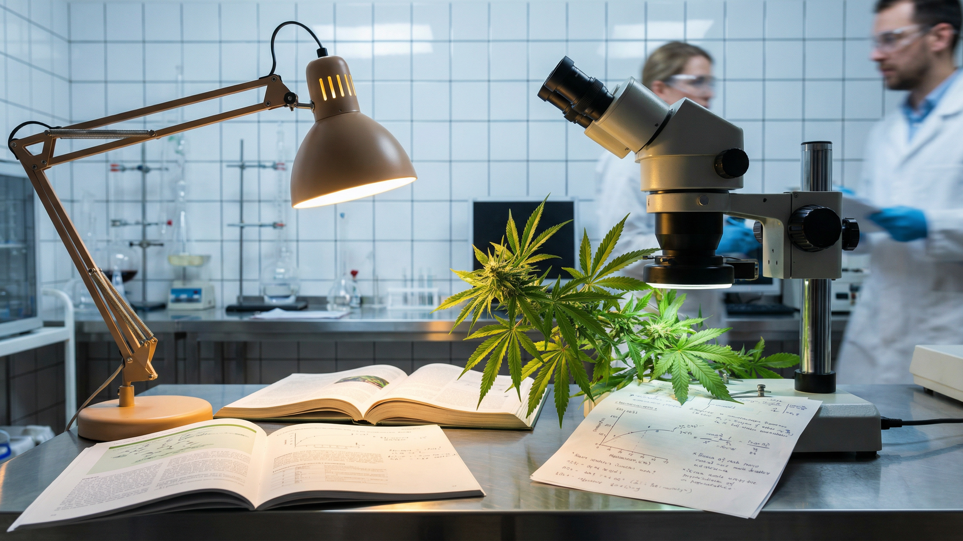 Cannabis plant under microscope lens in research lab with medical journals and warm lighting