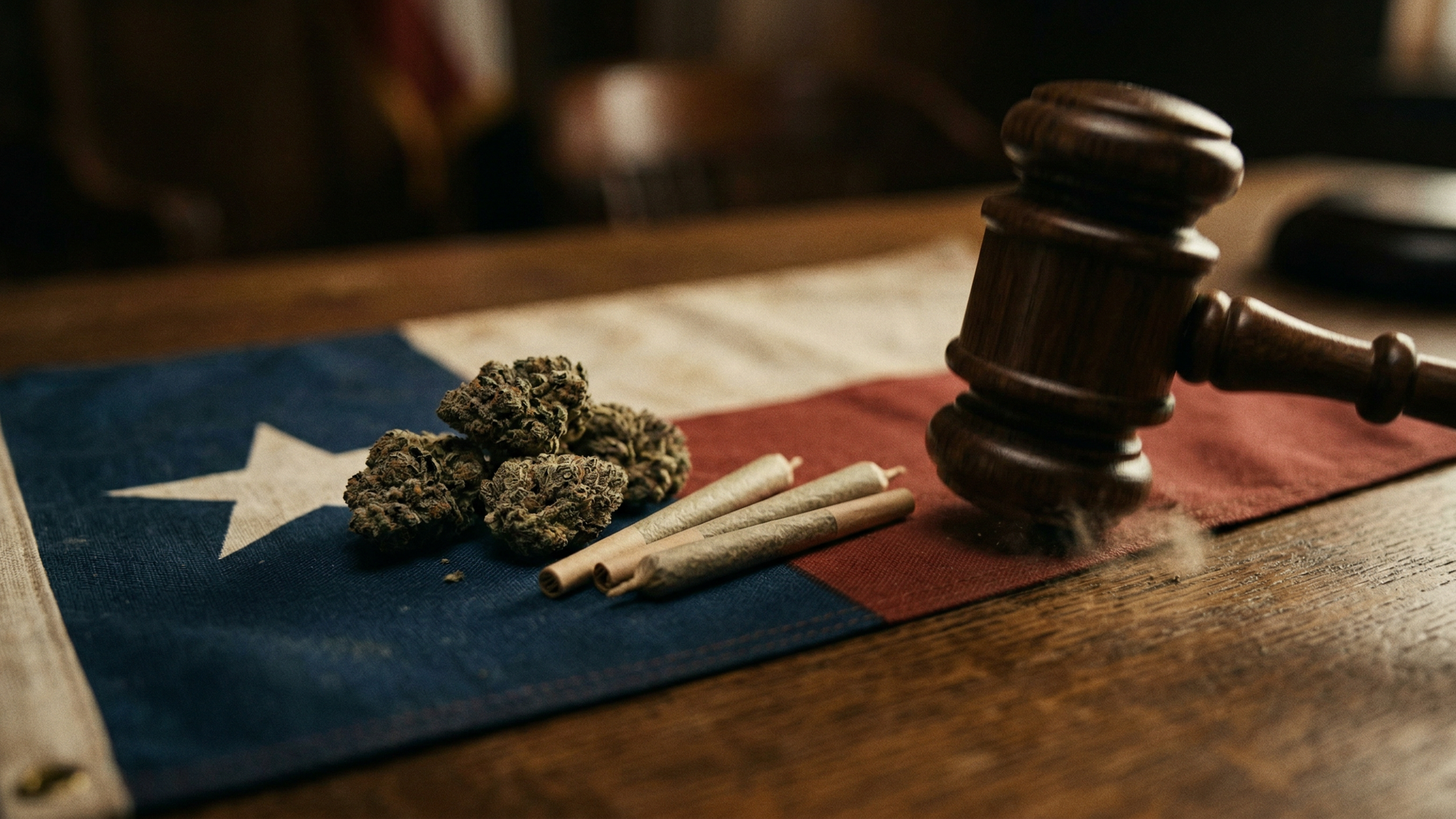 Hemp flower and gavel on Texas flag representing the March 31 smokeable hemp ban and cannabis policy