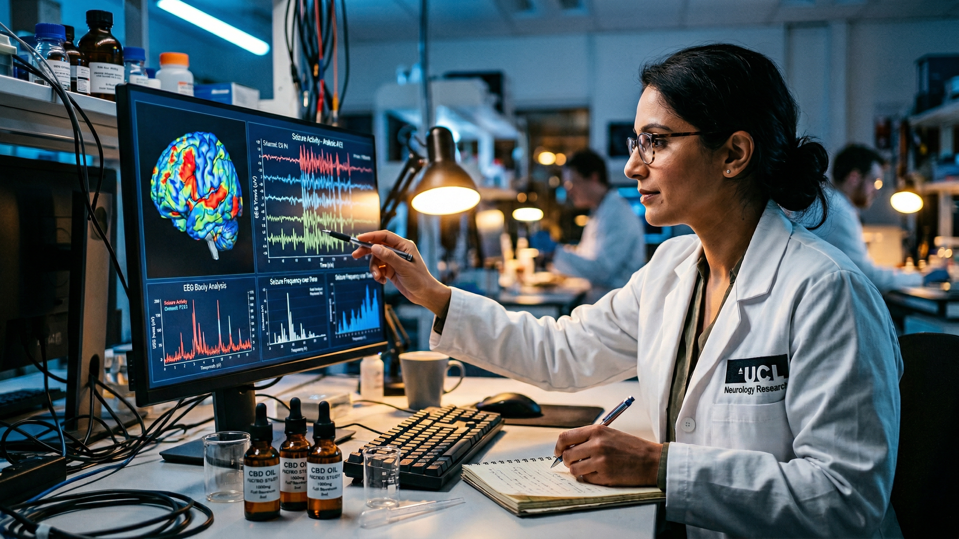 Medical researcher examining brain scan data and epilepsy seizure patterns on a monitor
